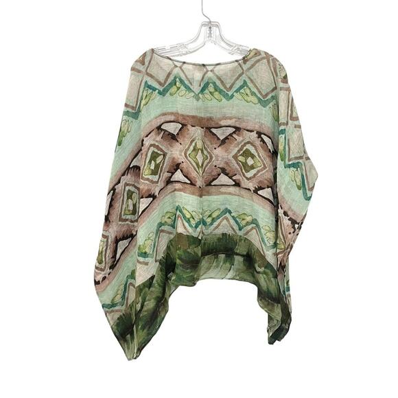 Chicos Top Womens Small Medium Green Brown Geometric Linen Blouse Poncho Boho - Picture 2 of 8